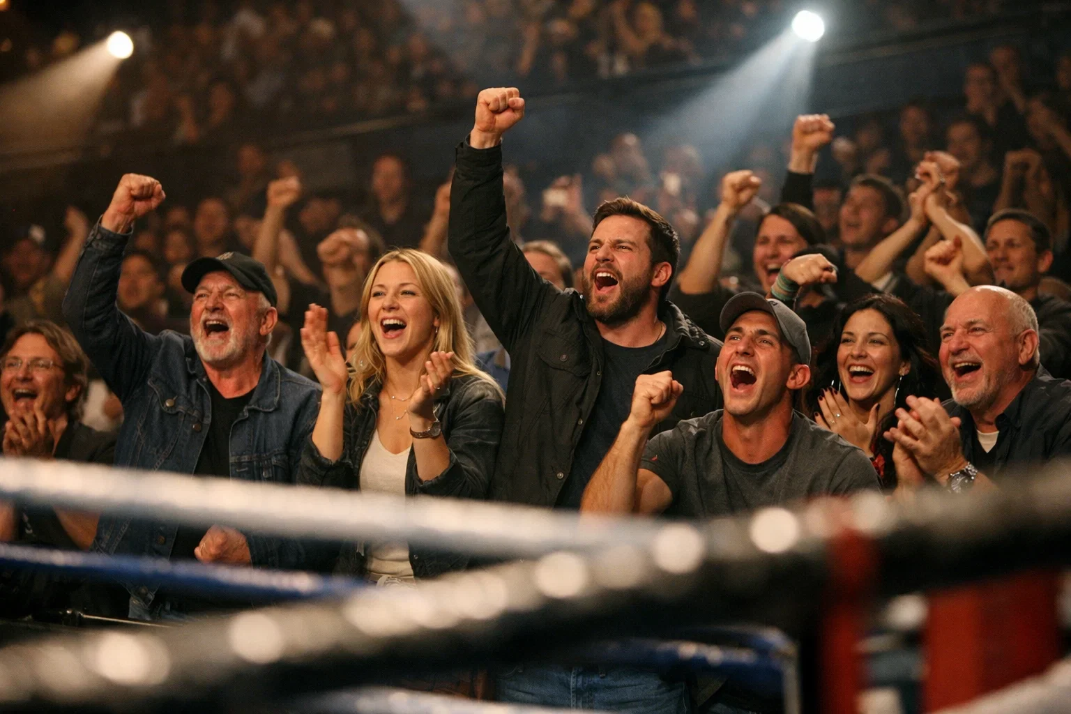 Begeistertes Publikum jubelt bei einem Boxkampf in einer ausverkauften Arena