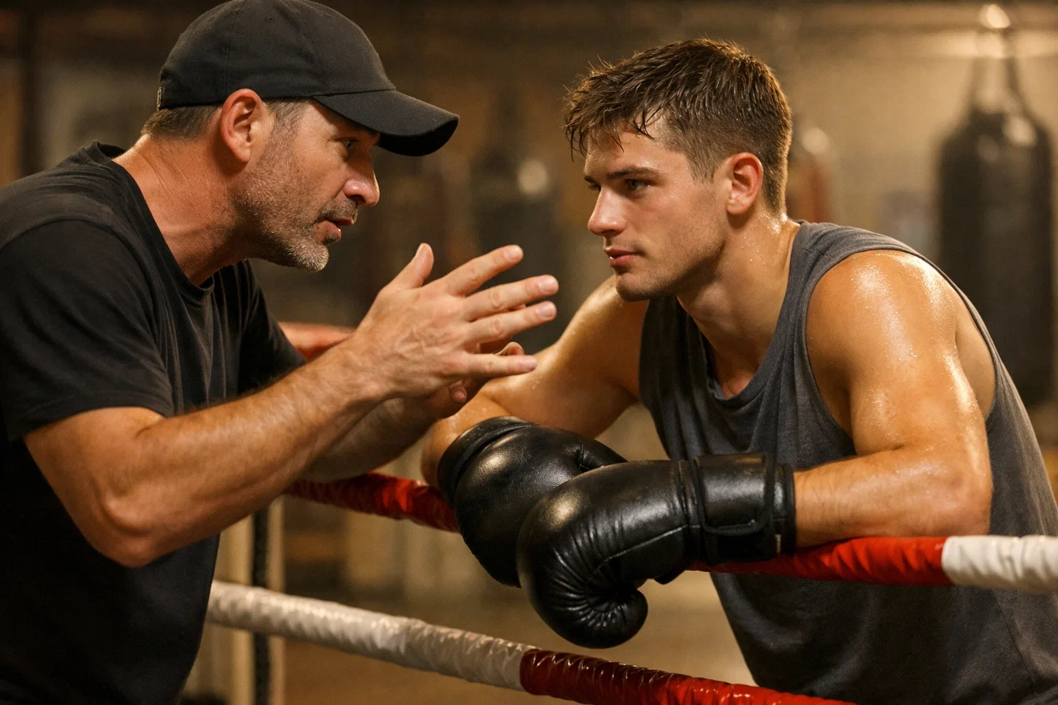 Trainer erklärt Boxer Taktik und Fehleranalyse am Boxring
