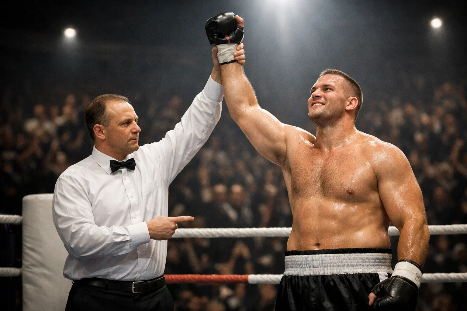 Ringrichter hebt den Arm des Siegers nach einem Boxkampf im Schwergewicht