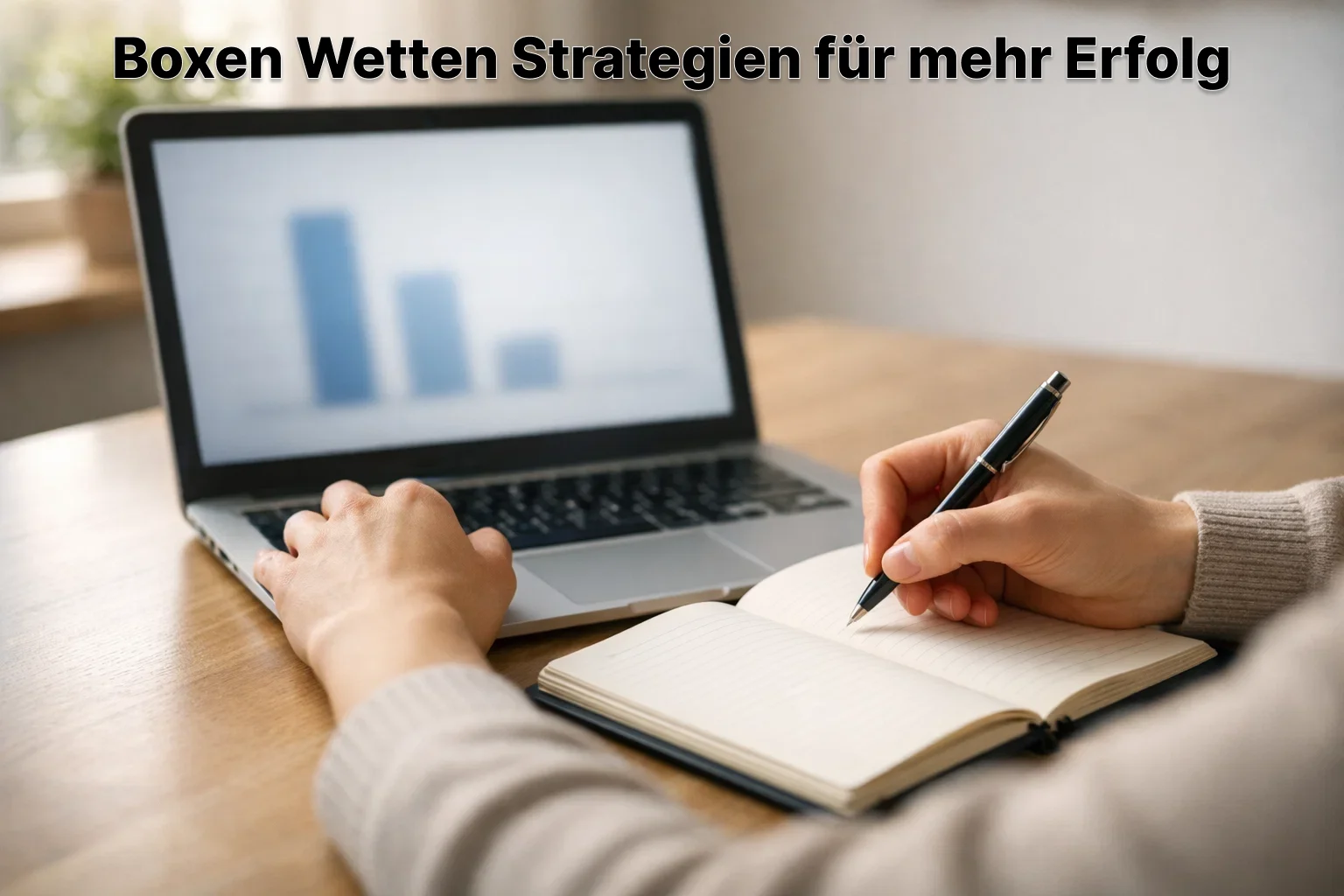 Person analysiert Boxkampf-Statistiken am Laptop mit Notizblock