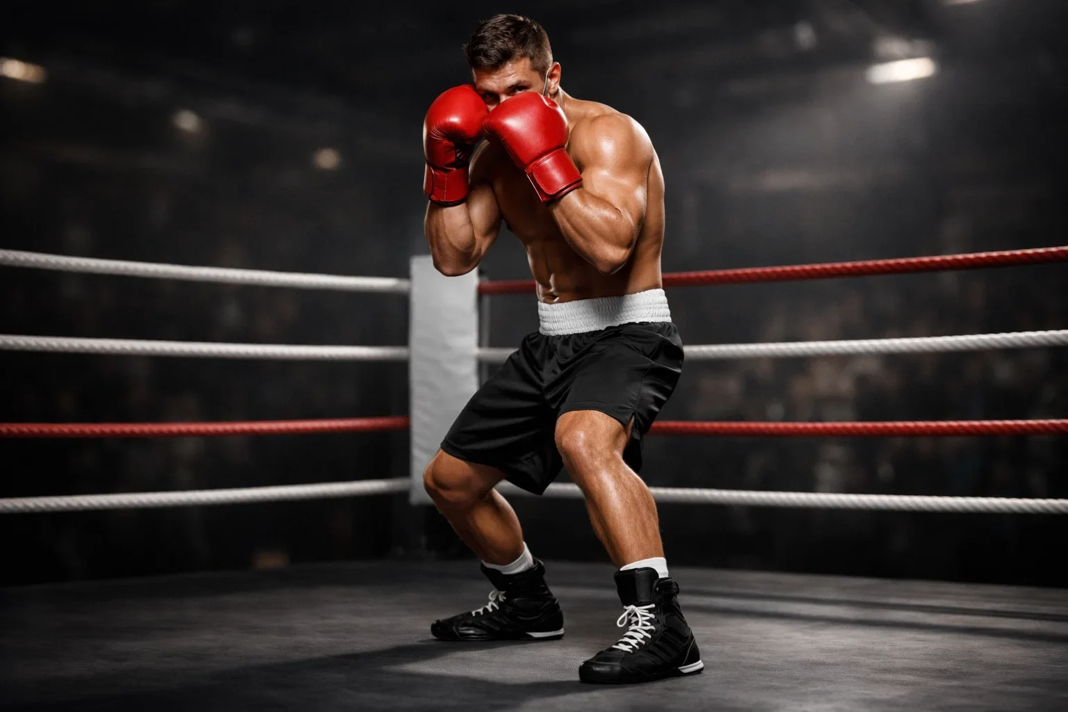 Boxer in Kampfstellung mit Fokus auf technische Präzision und Kampfhaltung