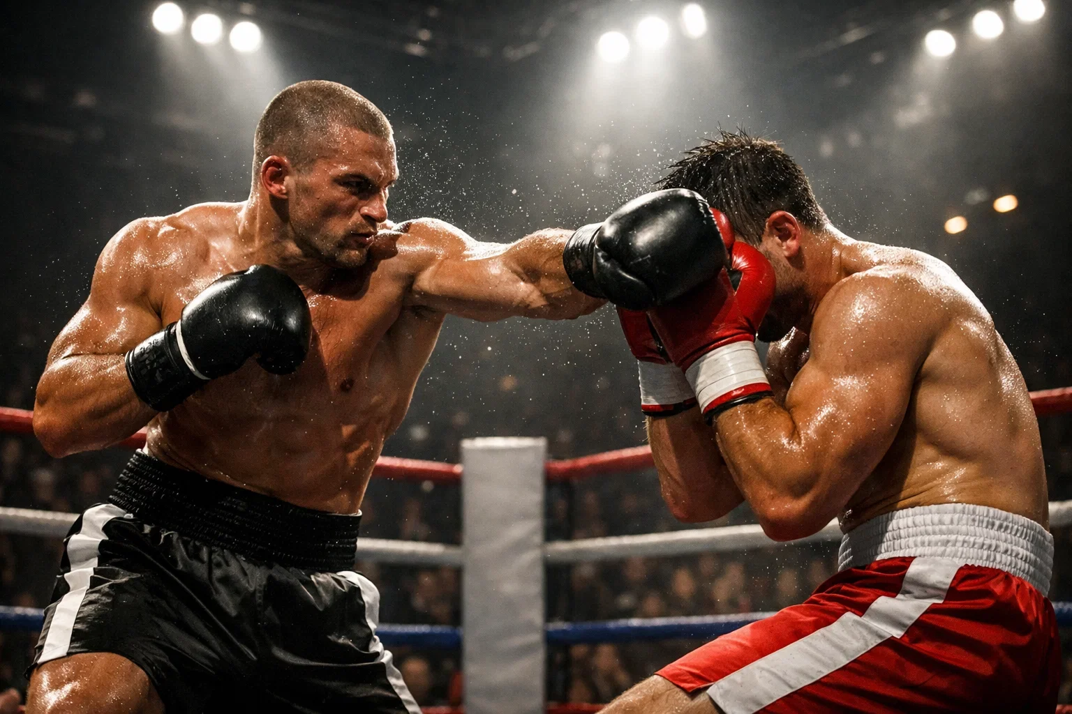 Zwei Boxer im Ring während eines professionellen Boxkampfes unter Scheinwerferlicht