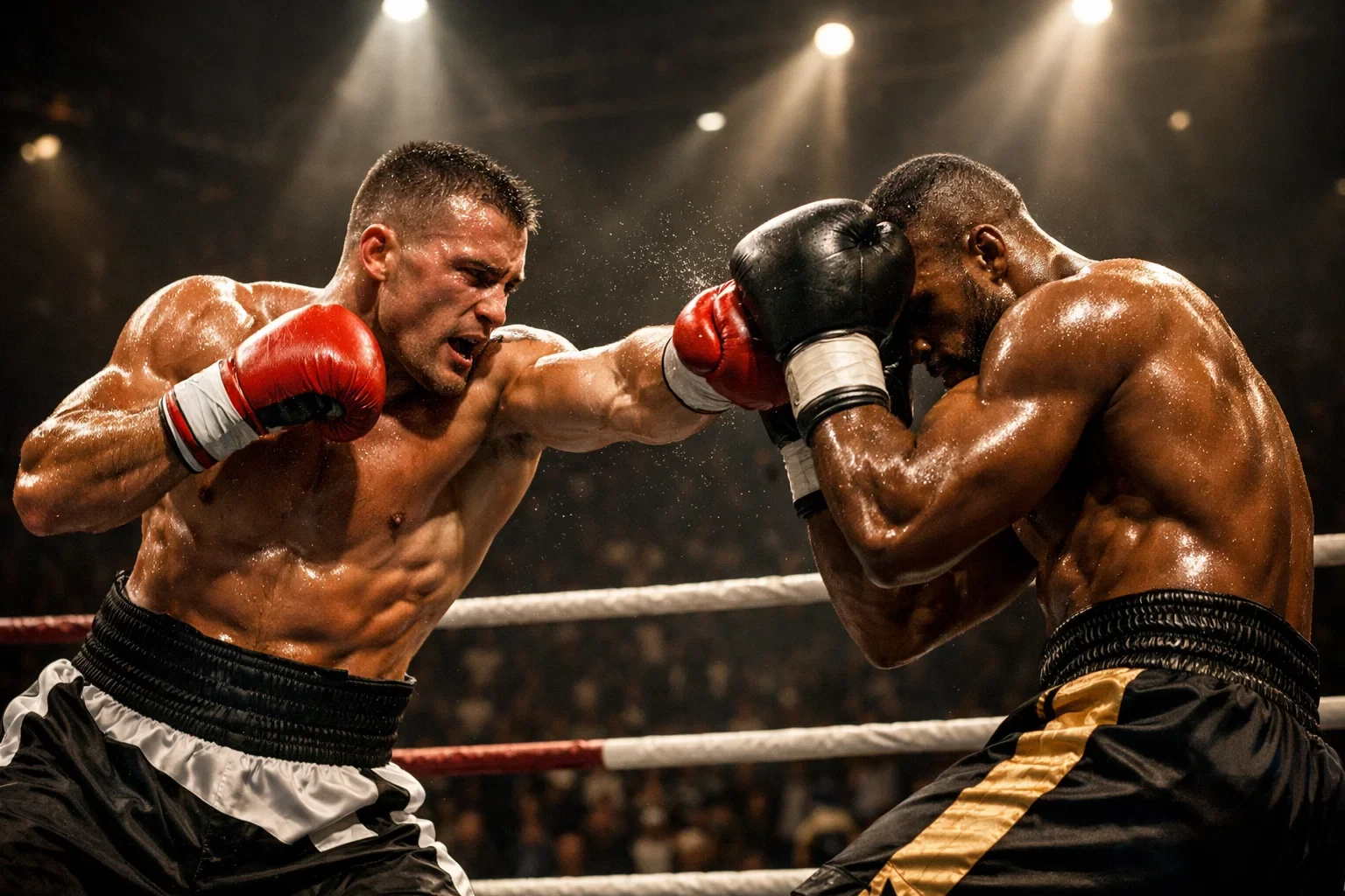 Zwei Boxer im Ring während eines Profikampfes mit dramatischer Beleuchtung