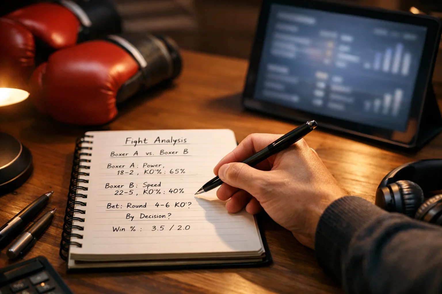 Person analysiert Boxstatistiken mit Notizbuch und Stift