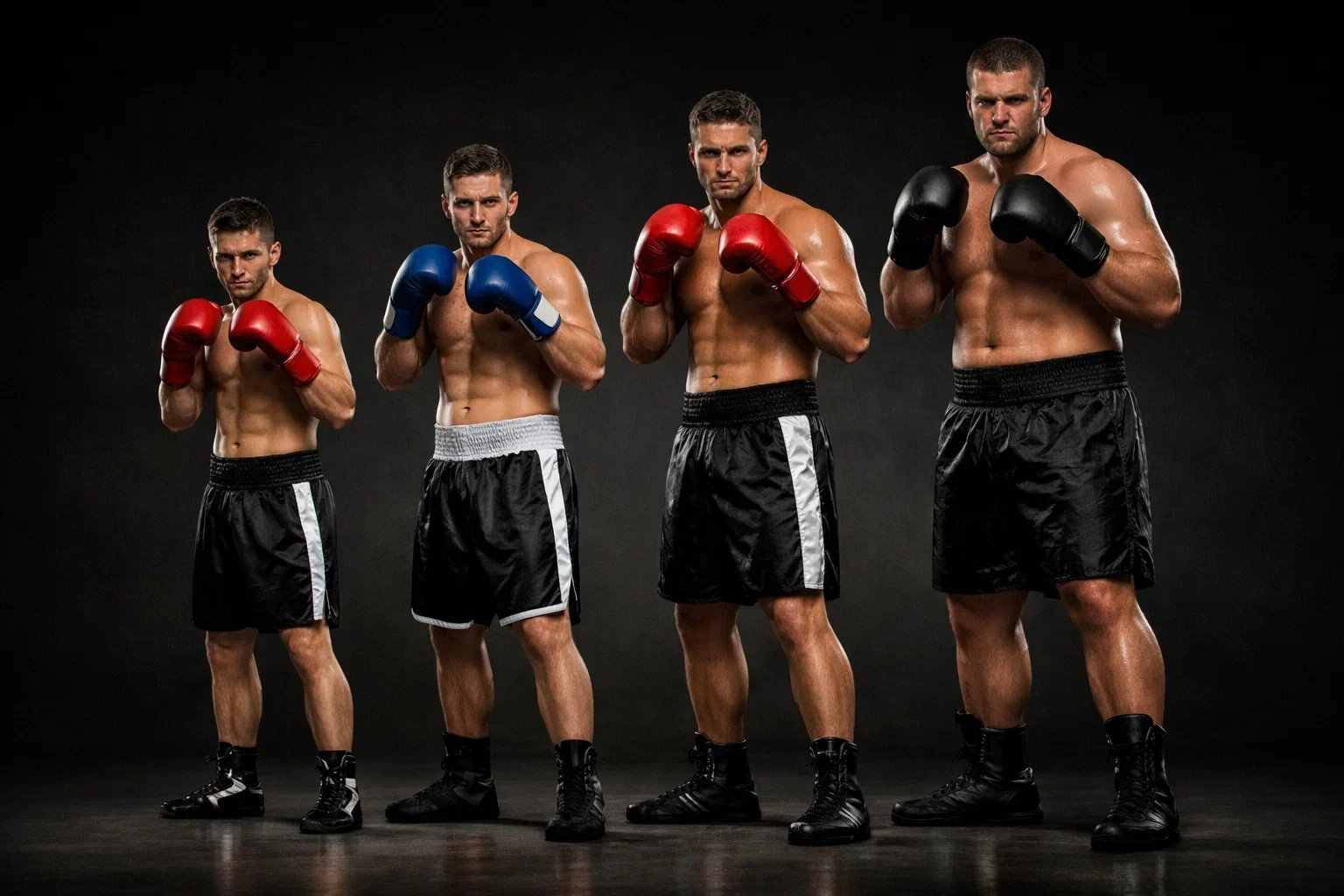 Boxer verschiedener Gewichtsklassen nebeneinander aufgestellt