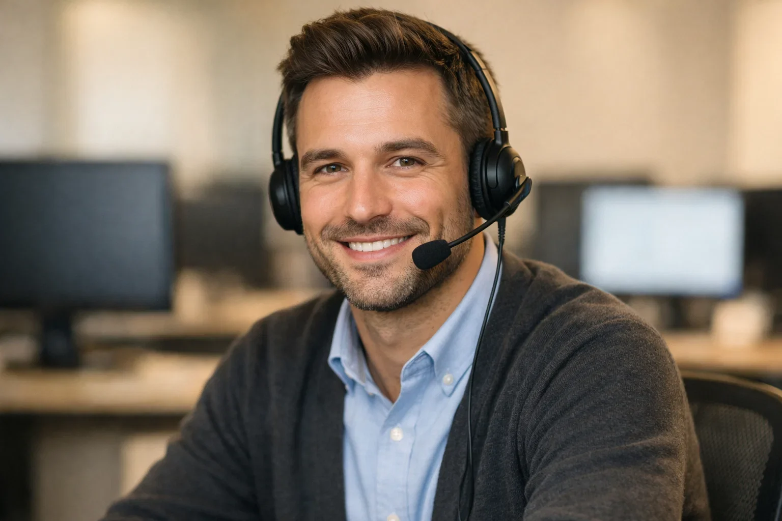 Freundlicher Kundenberater am Headset hilft einem Kunden