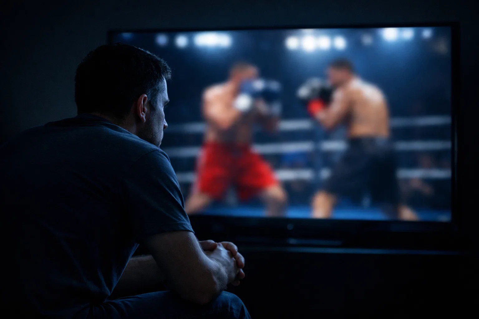 Person beobachtet Boxkampf konzentriert am Bildschirm
