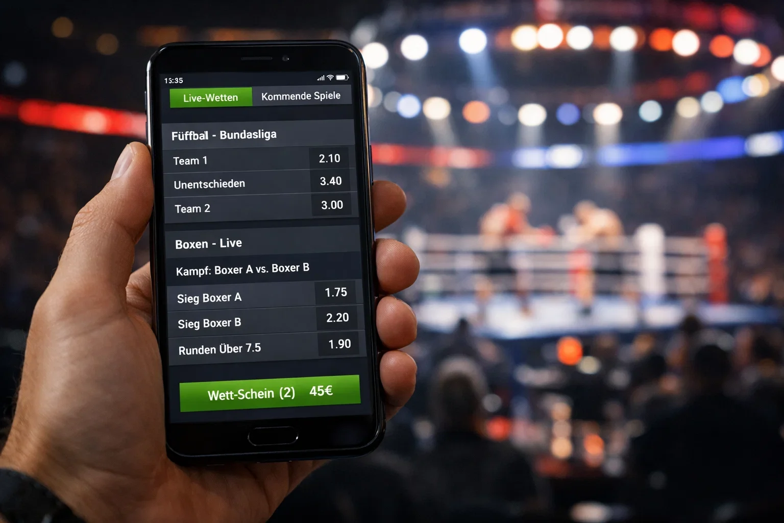 Hand h&auml;lt Smartphone mit Sportwetten App beim Boxevent