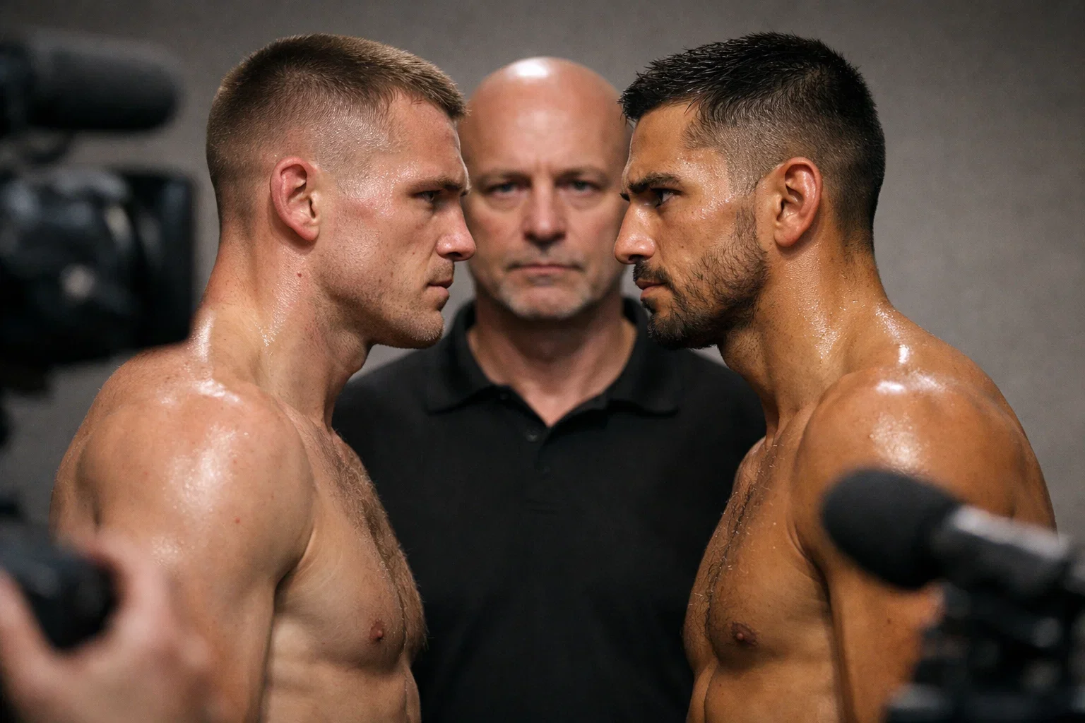 Boxer stehen sich vor dem Kampf bei der Pressekonferenz gegenüber