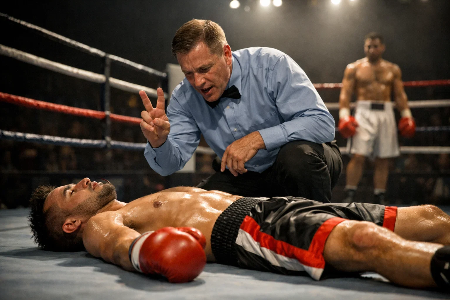 Ringrichter zählt einen zu Boden gegangenen Boxer an