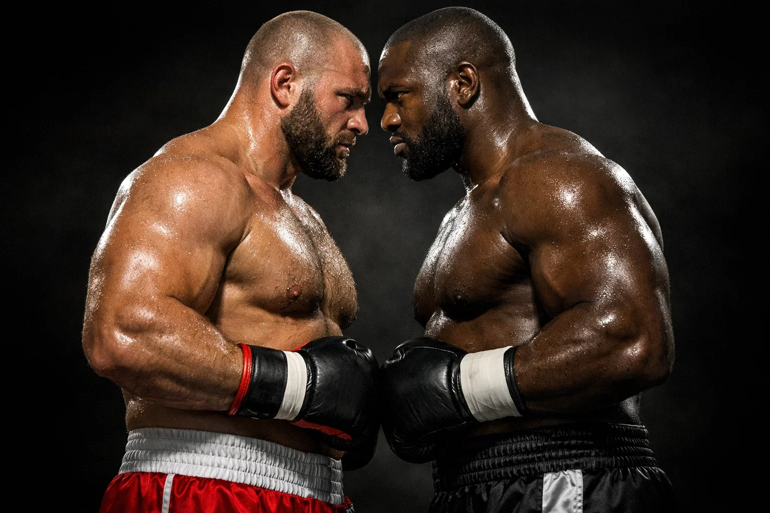 Zwei massive Schwergewichtsboxer stehen sich gegenüber