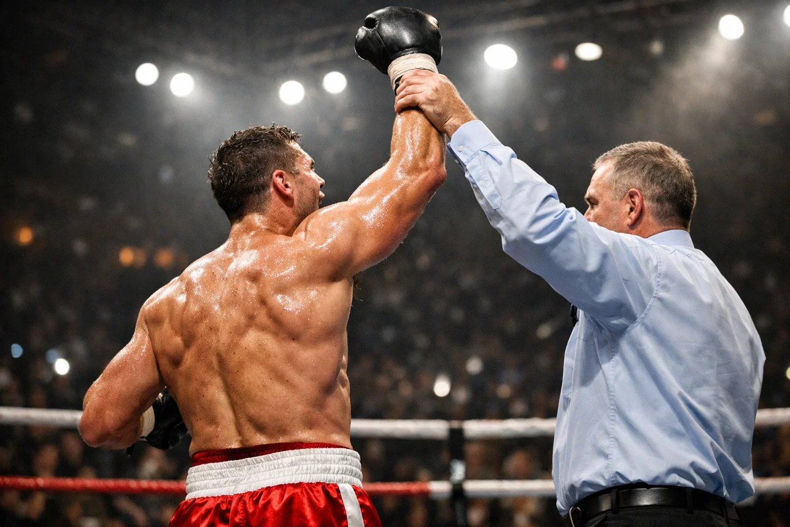 Boxer hebt triumphierend die Faust nach einem gewonnenen Kampf