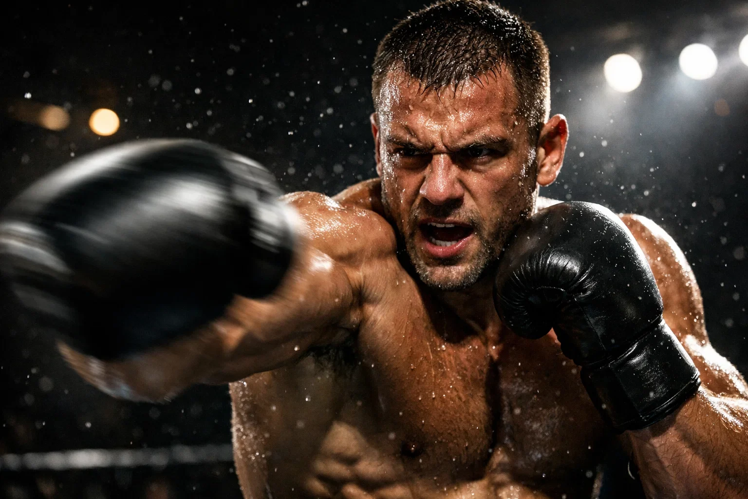 Nahaufnahme eines Boxers der einen kraftvollen Schlag ausführt