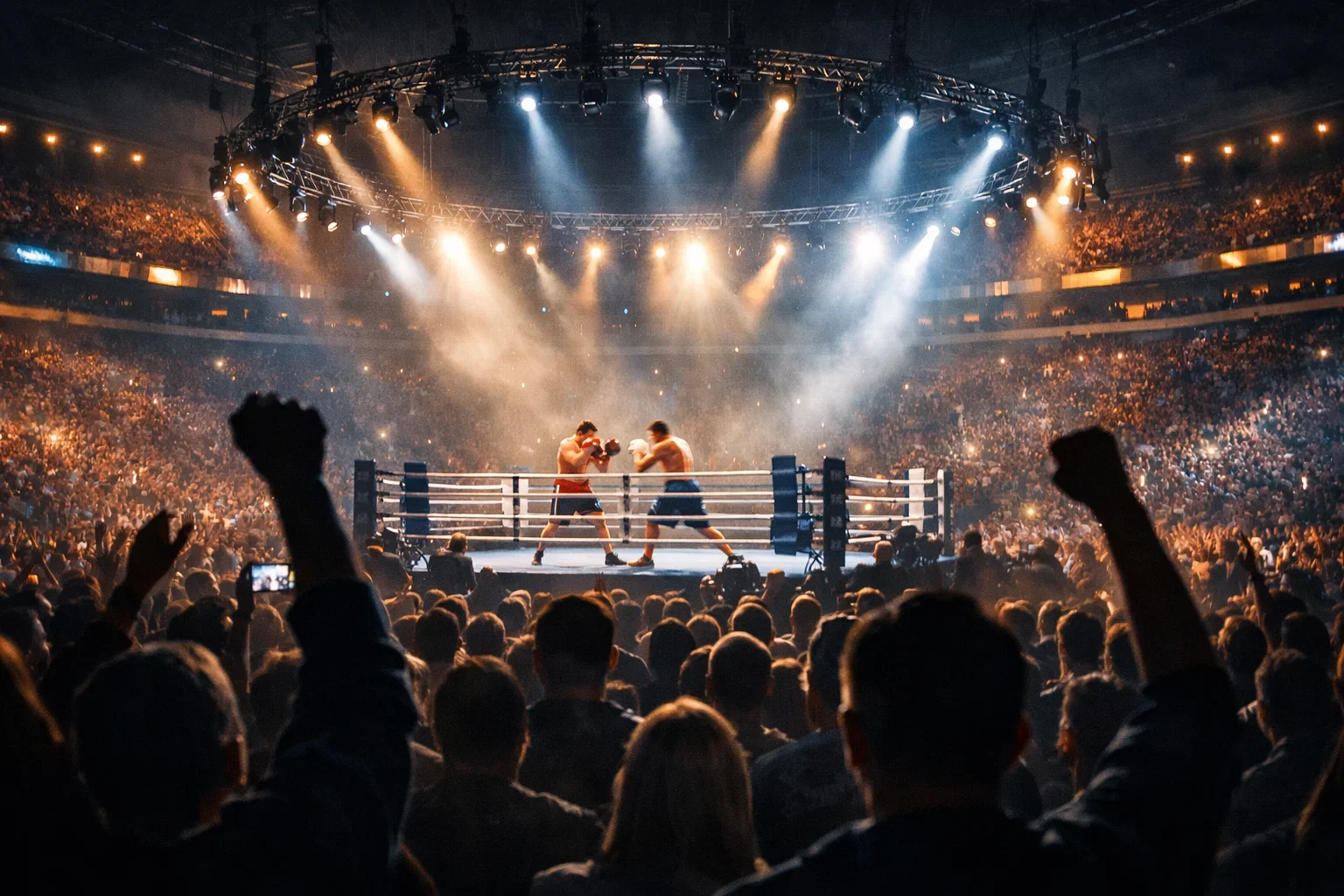 Professioneller Boxkampf mit jubelndem Publikum in der Arena