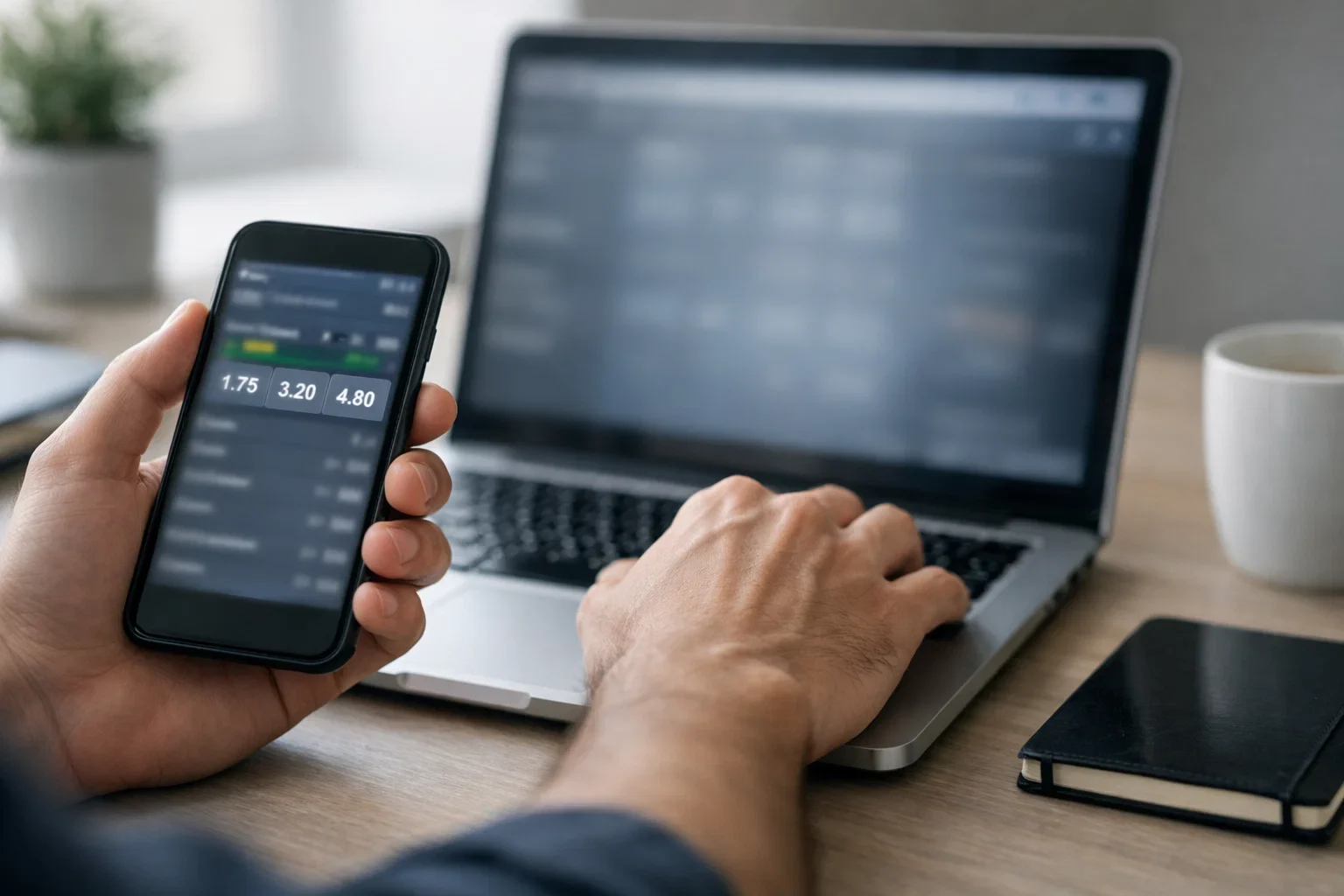 Person vergleicht Wettquoten auf Laptop und Smartphone